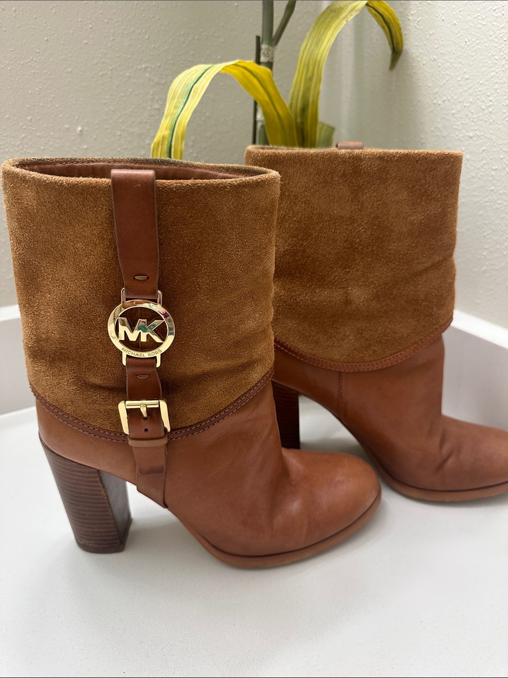 Michael Kors Cognac Suede & Leather Mid-Calf Heeled Boots
